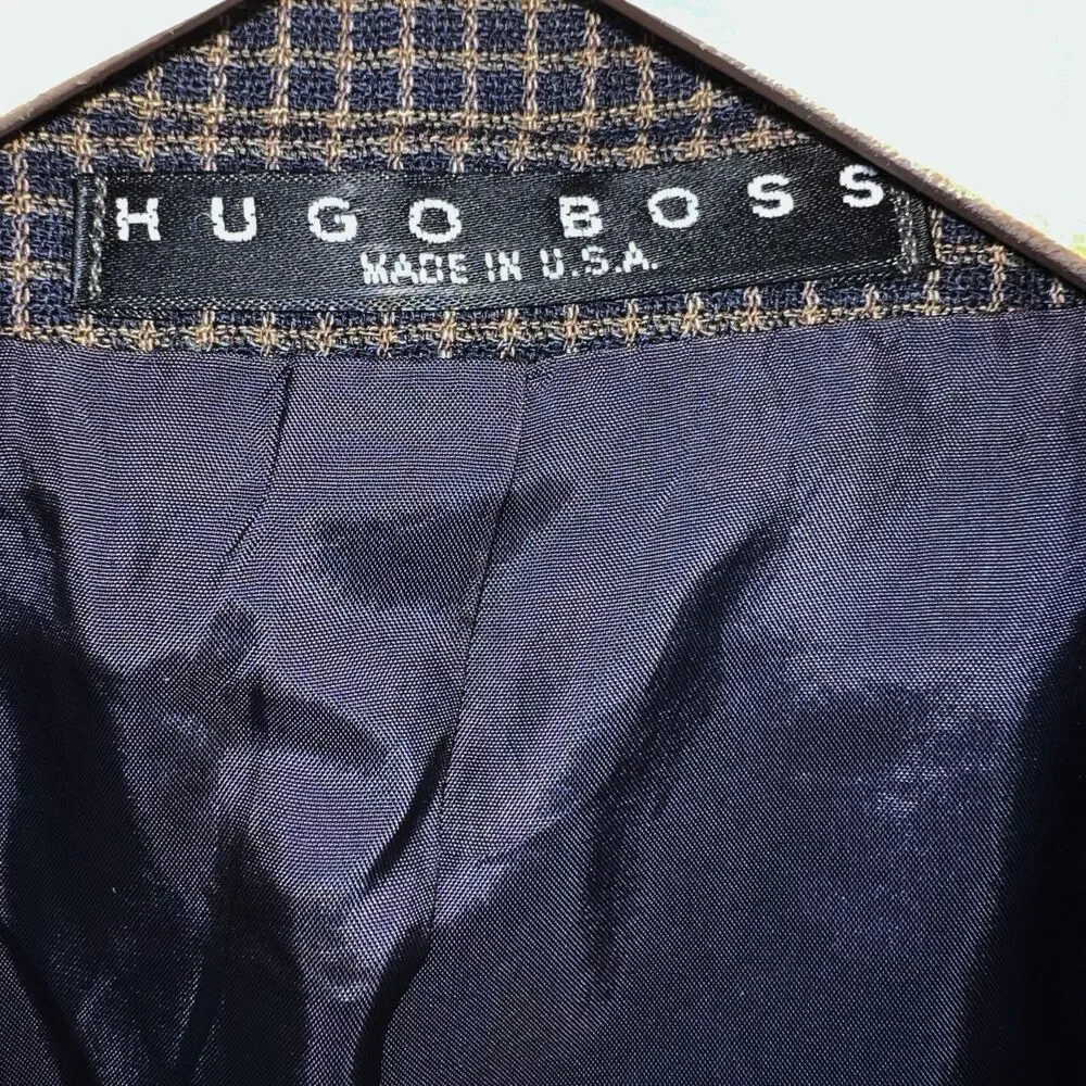 HUGO BOSS Apollon Blazer Sport Coat 100% Wool Black w Tan Check 42R Wood Buttons